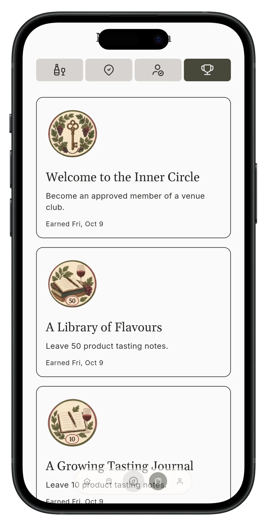 Korkage achievements with illustrated badges for wine journey milestones on iPhone