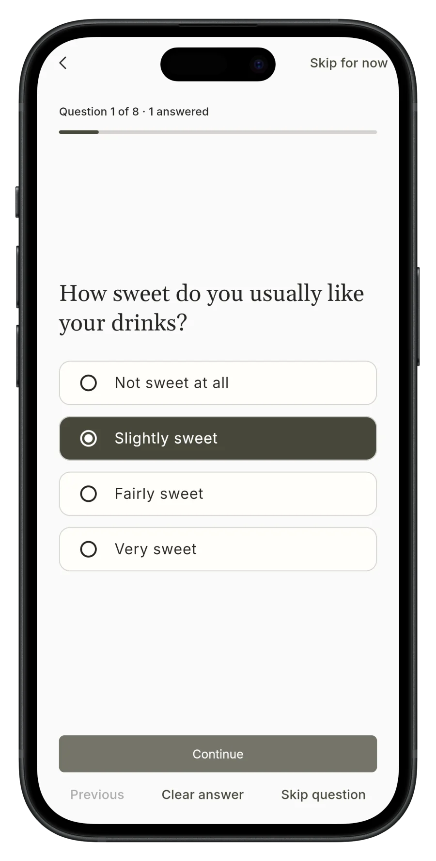 Korkage taste questionnaire with drink sweetness preferences on iPhone