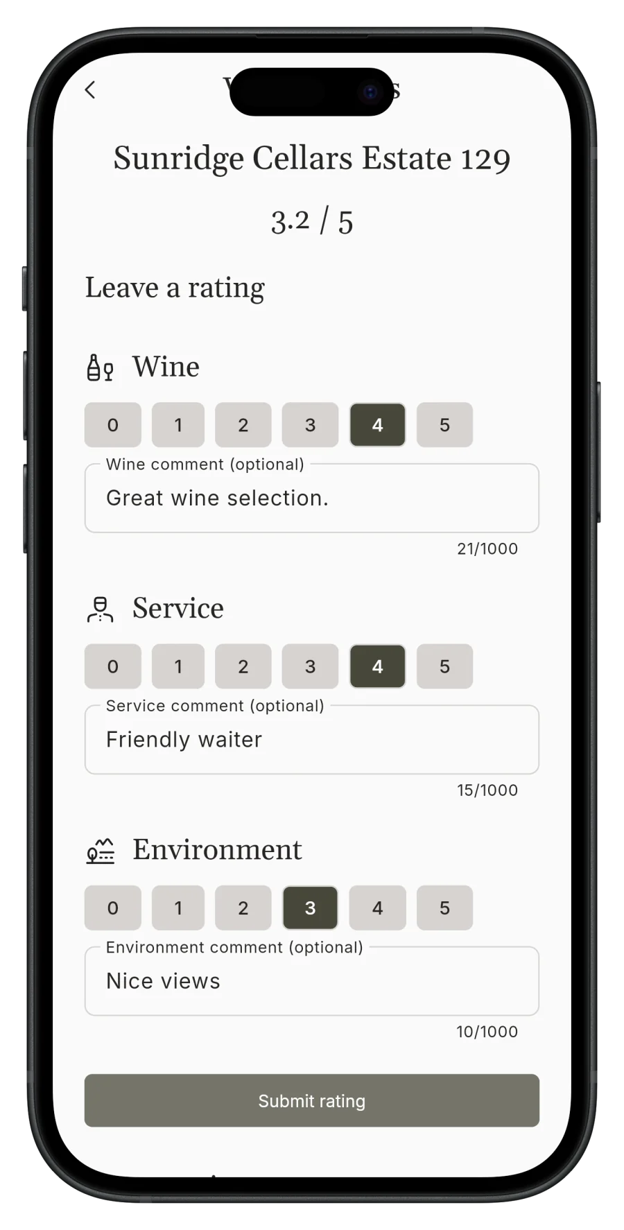 Korkage venue rating form with separate scores and comments for wine, service and environment on iPhone
