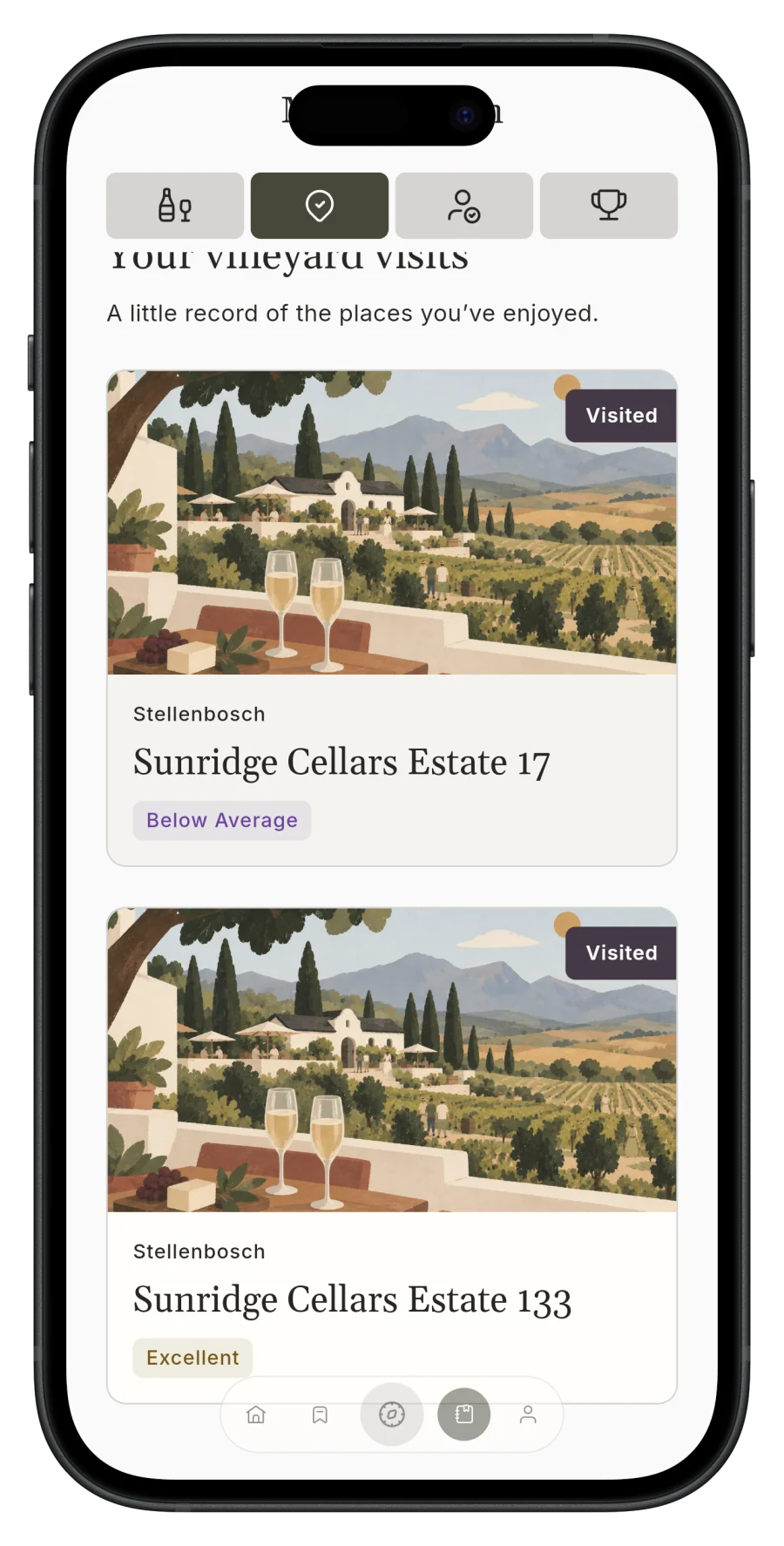 Korkage vineyard visit history with visited wine farms and ratings on iPhone