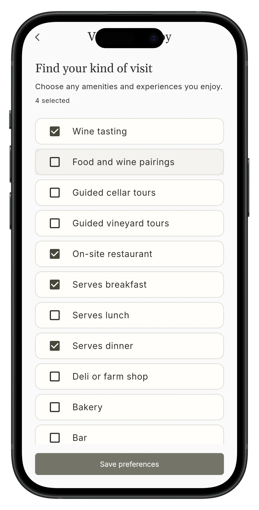 Korkage visit preferences with tasting, dining and vineyard tour options on iPhone