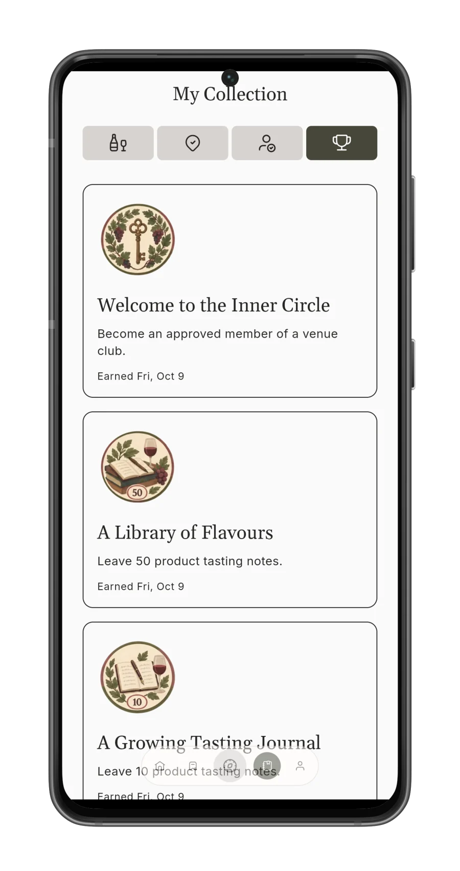 Korkage achievements with illustrated badges for wine journey milestones on Android