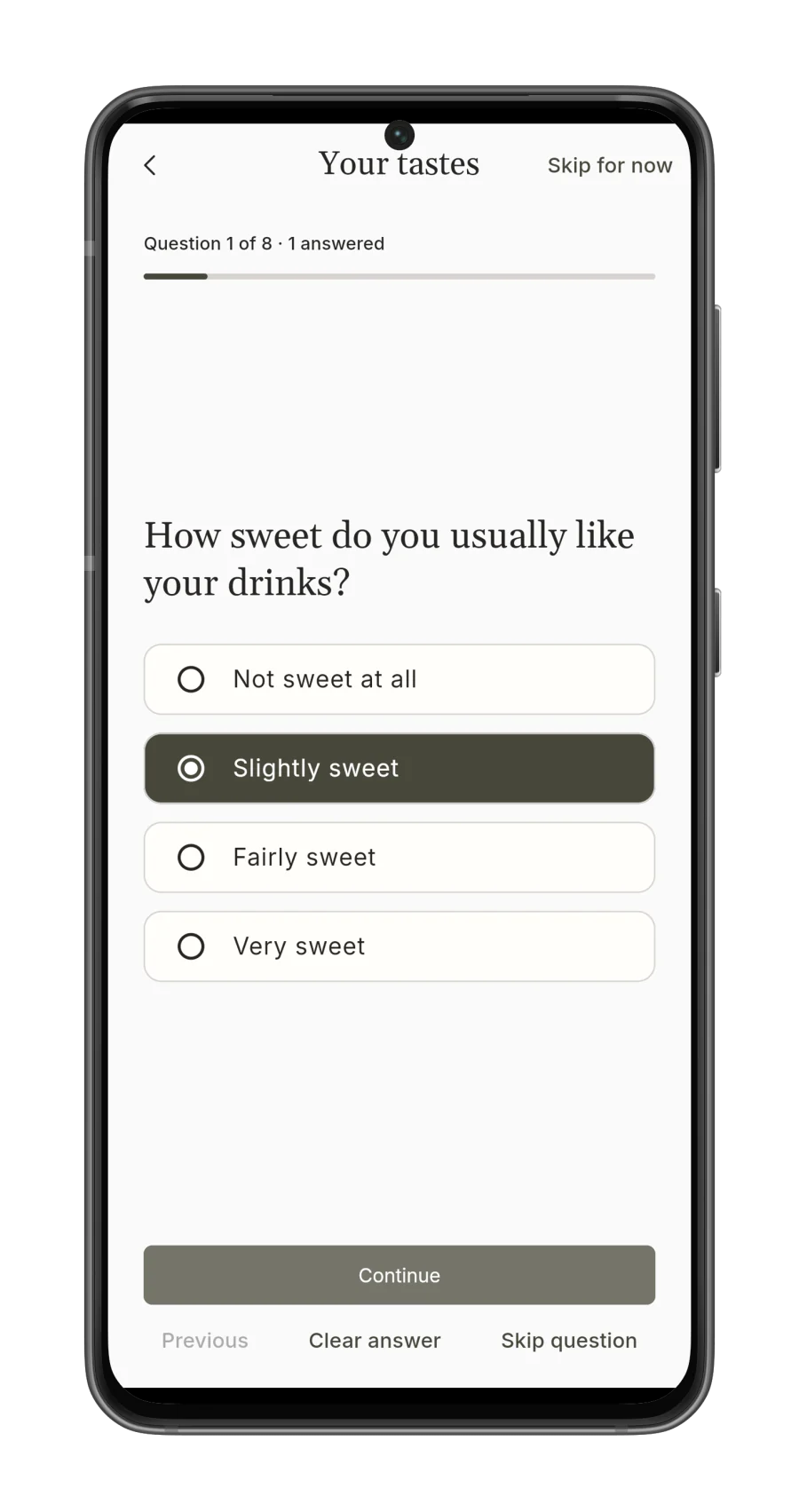Korkage taste questionnaire with drink sweetness preferences on Android