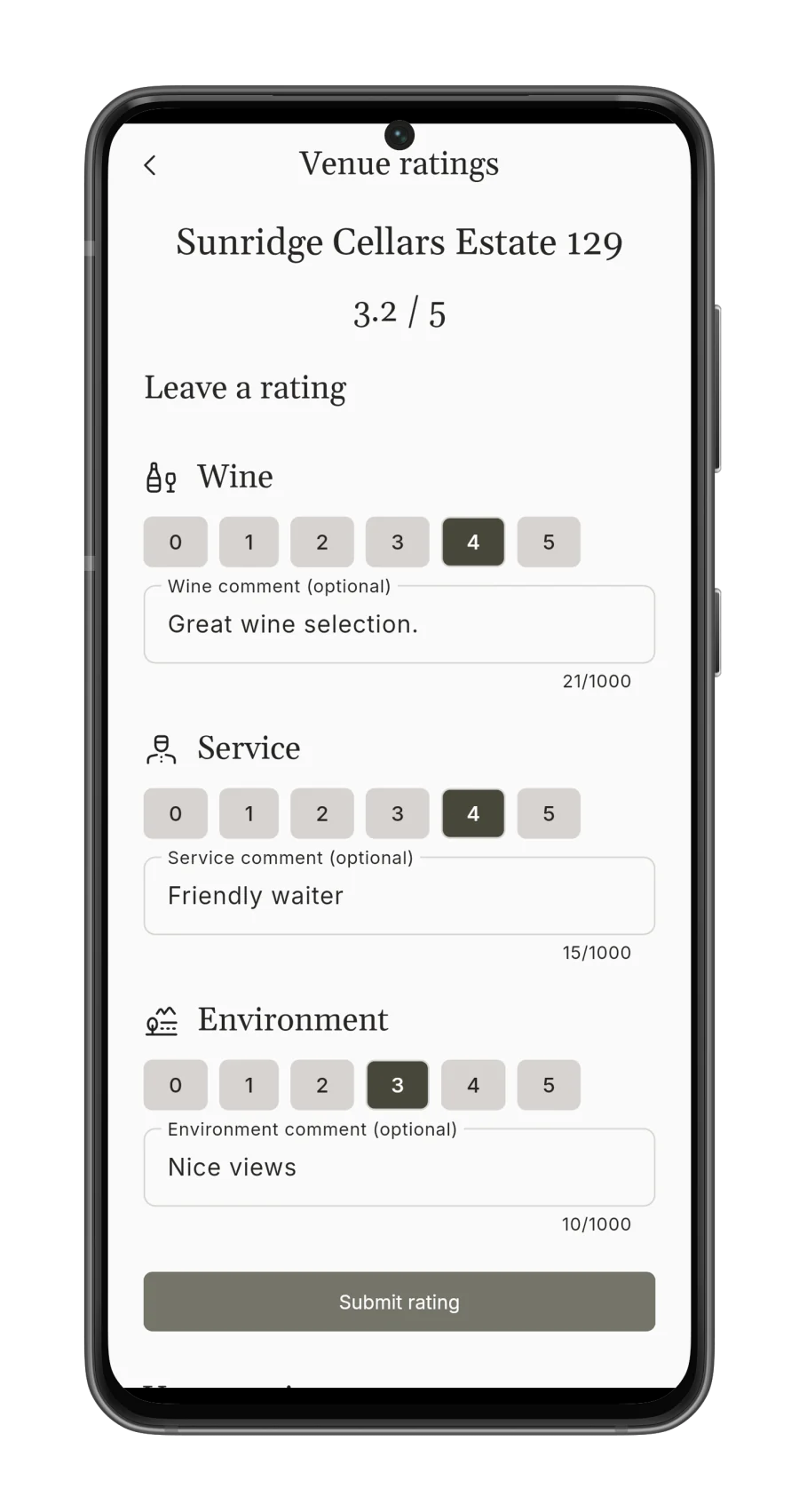 Korkage venue rating form with separate scores and comments for wine, service and environment on Android